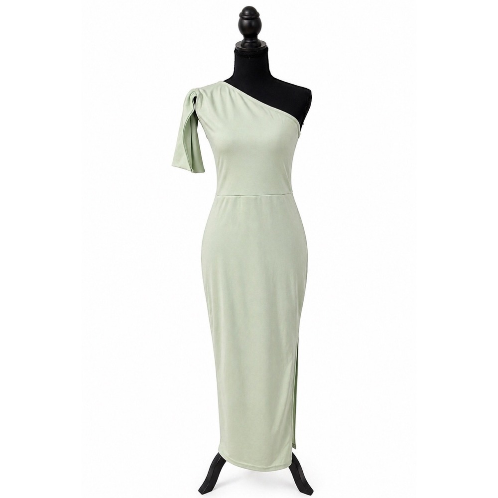 PrettyLittleThing Sage Green One Shoulder‎ Midi Bodycon Dress Size 12
